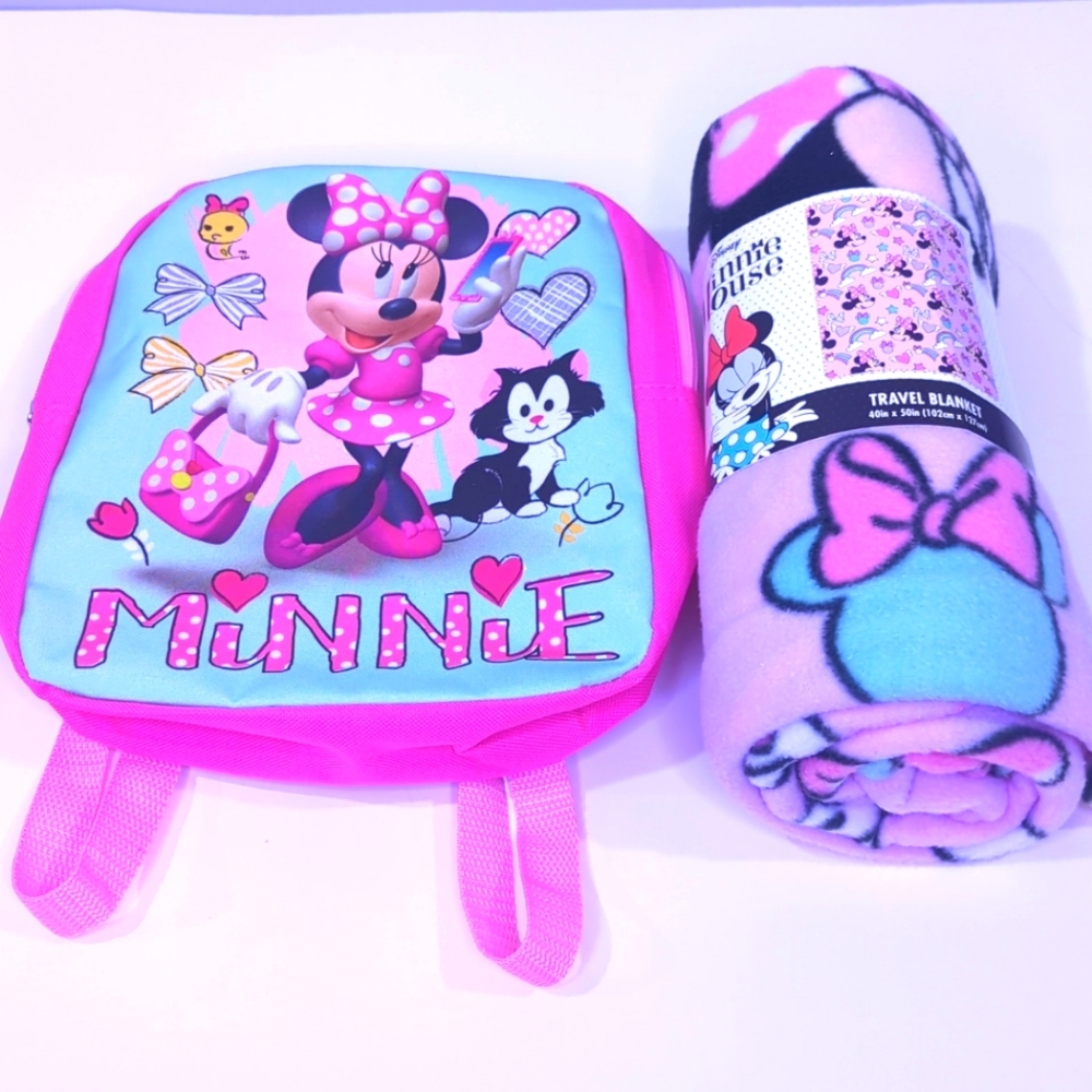 Disney Minnie Mouse Travel Blanket 40" x 50" With Mini Mouse Back Pack